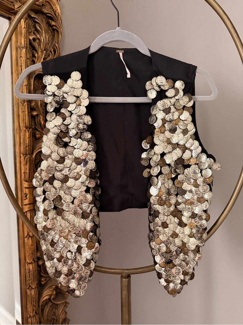 Free People Sequin Coin-Embellished Black Vest